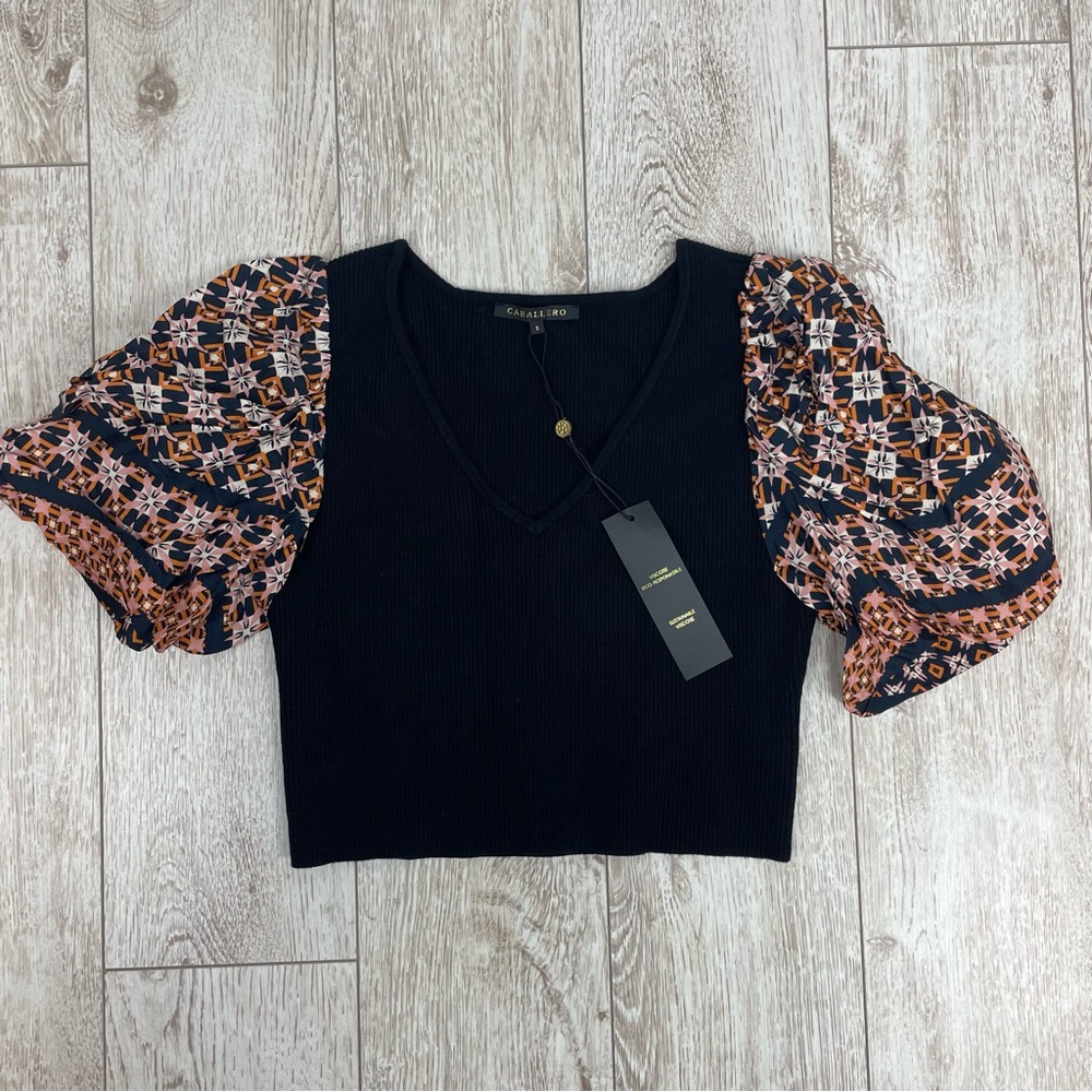 CABALLERO S Black and Multicolor Top with Patterned Sleeves